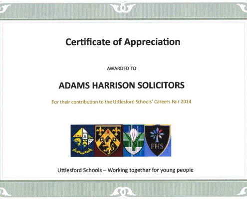 Certificate of Appreciation for Adams Harrison from Uttlesford Schools