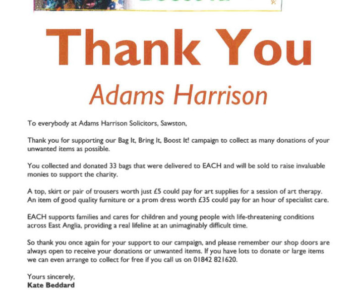 Thankyou from EACH To Adams Harrison May 2017