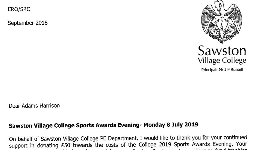 Sawston Village College Thankyou Letter For Adams Harrison 